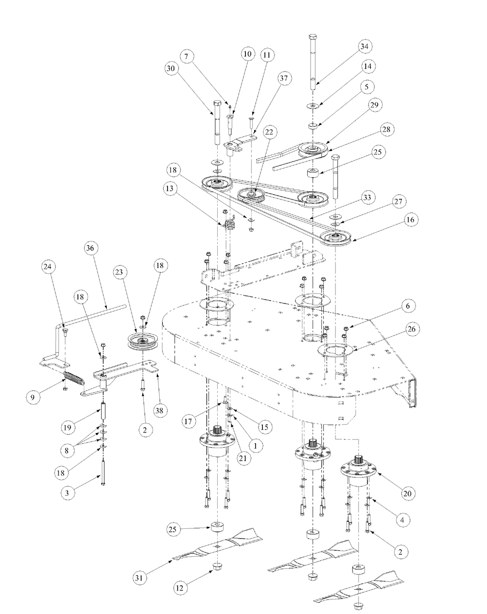 Fabricated Deck Spindle Assembly Diagram and Parts List for M48-KW (53BB5DAV150-19-HP)(2003 1/2) Cub Cadet Lawn Tractor